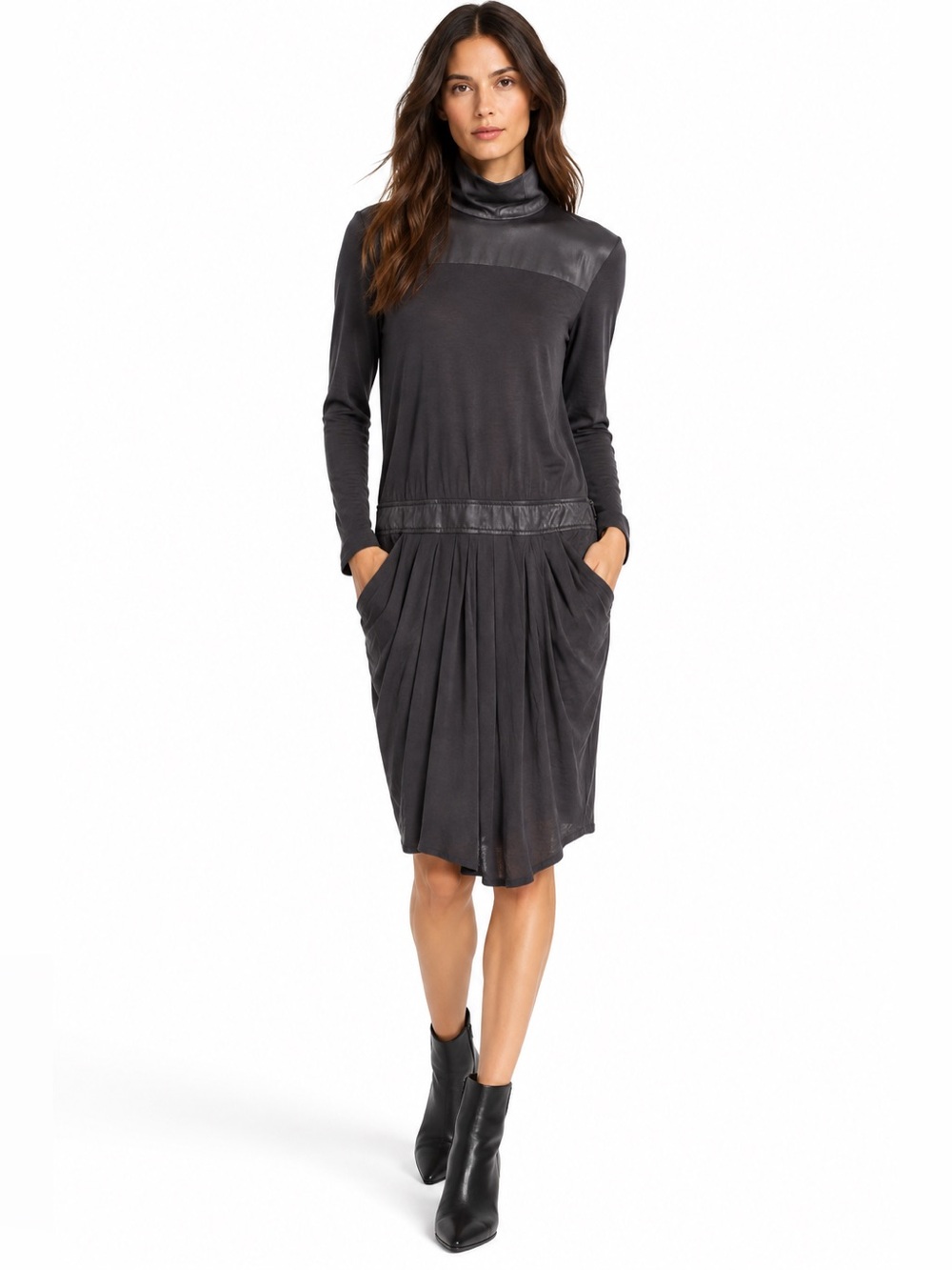 NWT Helmut Lang Titanium Leather Trim Turtleneck Draped Dress M